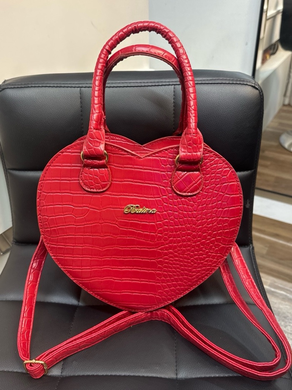 Red Heart-Shaped Croc-Embossed Handbag with Top Handles